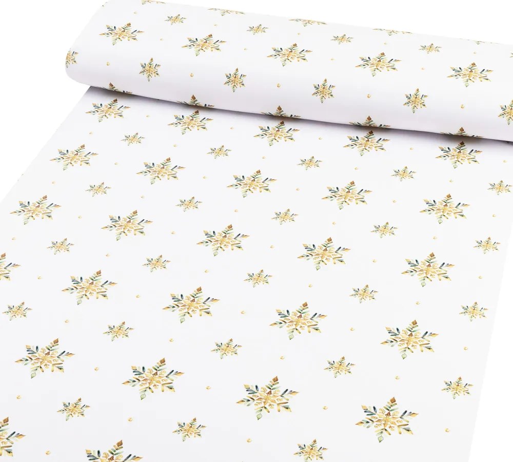 Biante Teflónový behúň na stôl TF-120 Zlato-modro-zelené vianočné vločky na bielom 35x140 cm