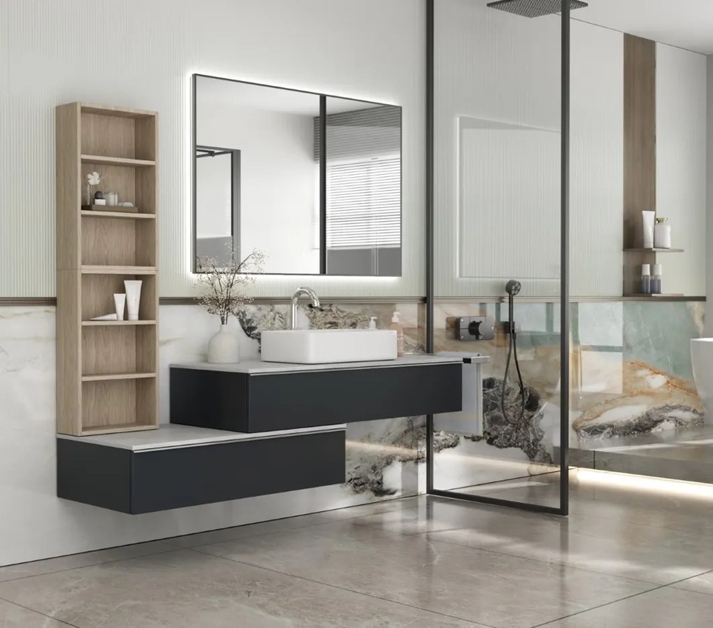 Erga Megan, LED zrkadlo 50x70cm v čiernom ráme, 1840 lm, 3 farby svetla, zadné osvetlenie, ERG-V01-MEGAN-5070-BK