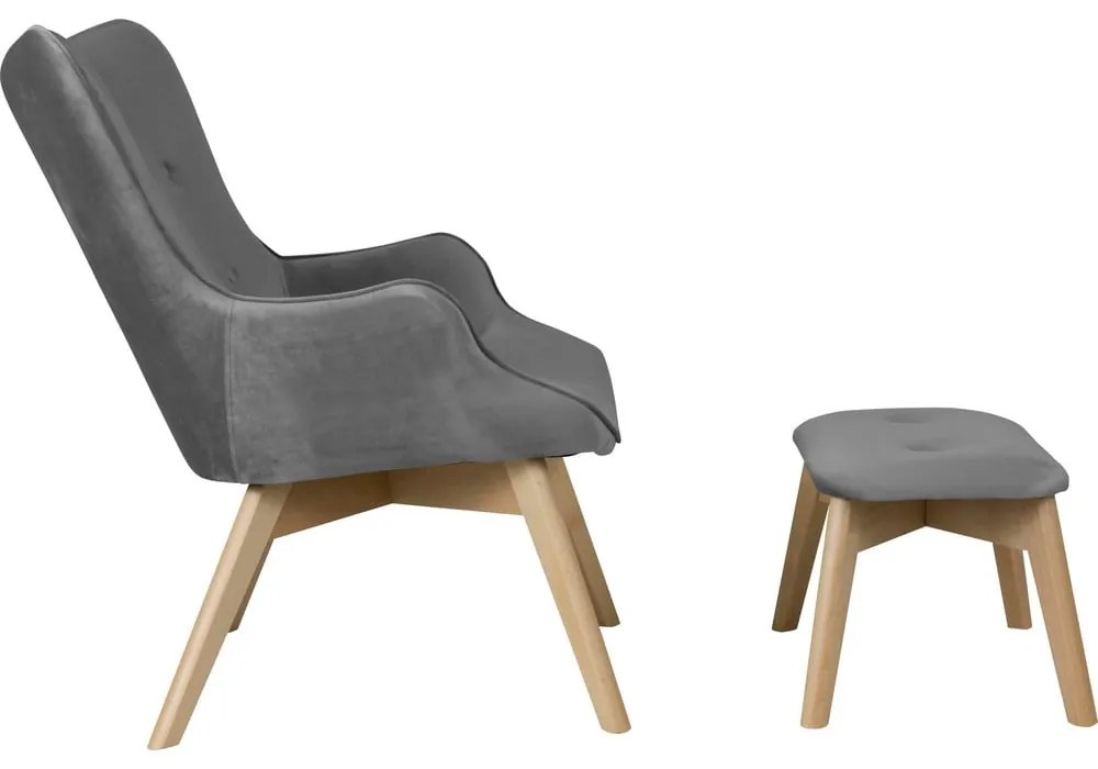 Sivé zamatové kreslo s podnožkou Niko – Ropez