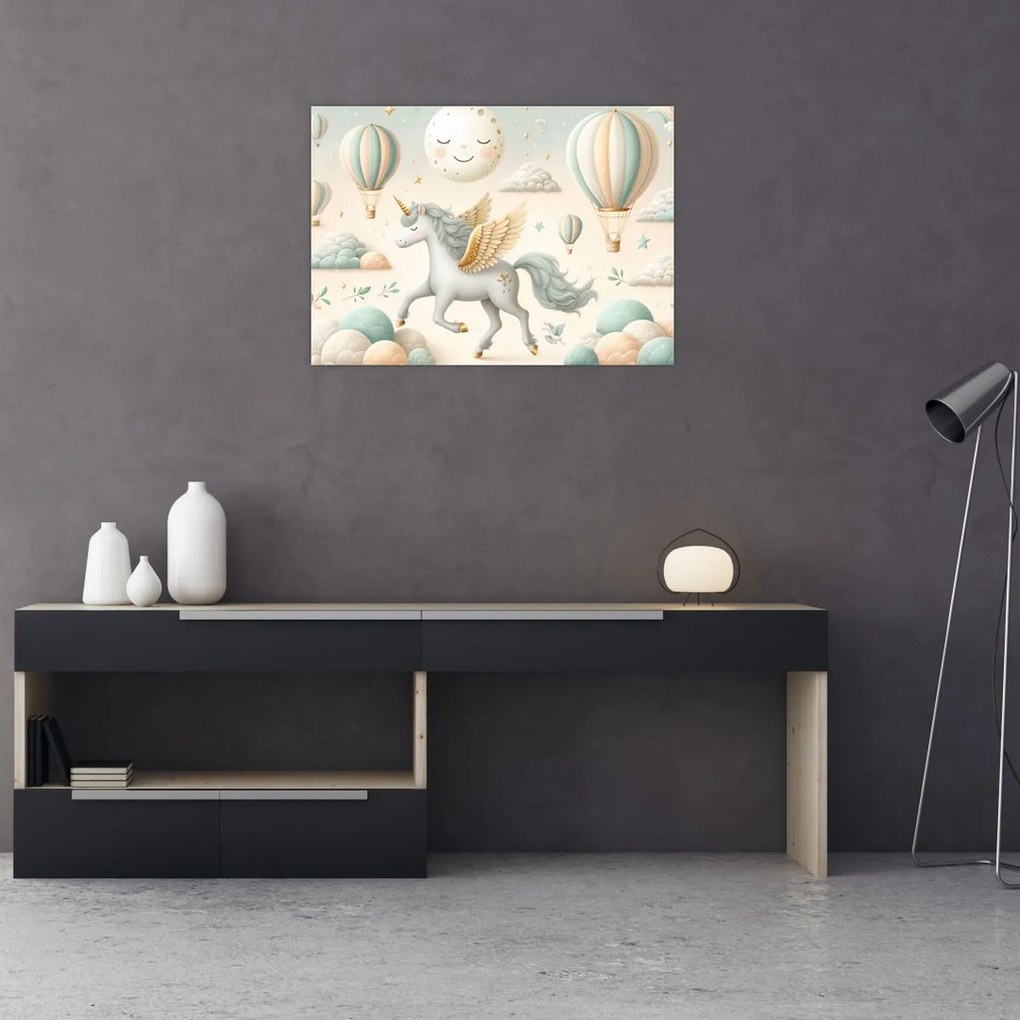 Sklenený obraz - Šťastný jednorožec (70x50 cm)