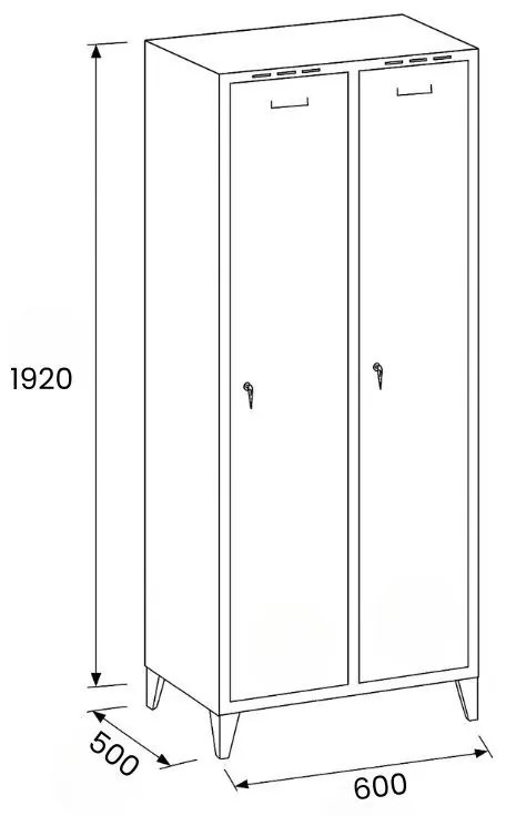 Plechová šatníková skrinka S8 na nohách, 2-dverová, 1920 x 600 x 500 mm, cylindrický zámok, modré dvere