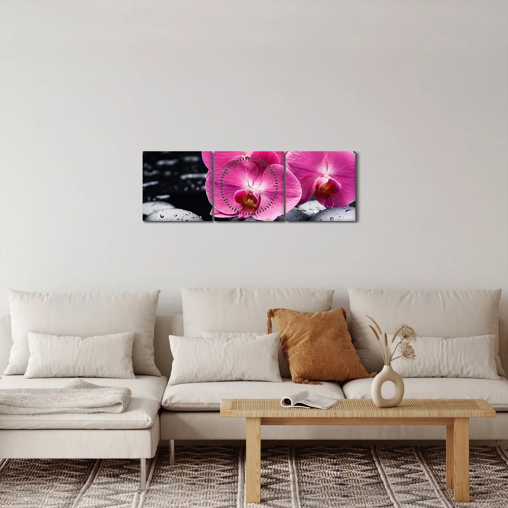 Obraz - Ružové orchidey s palmovým listom (s hodinami) (90x30 cm)