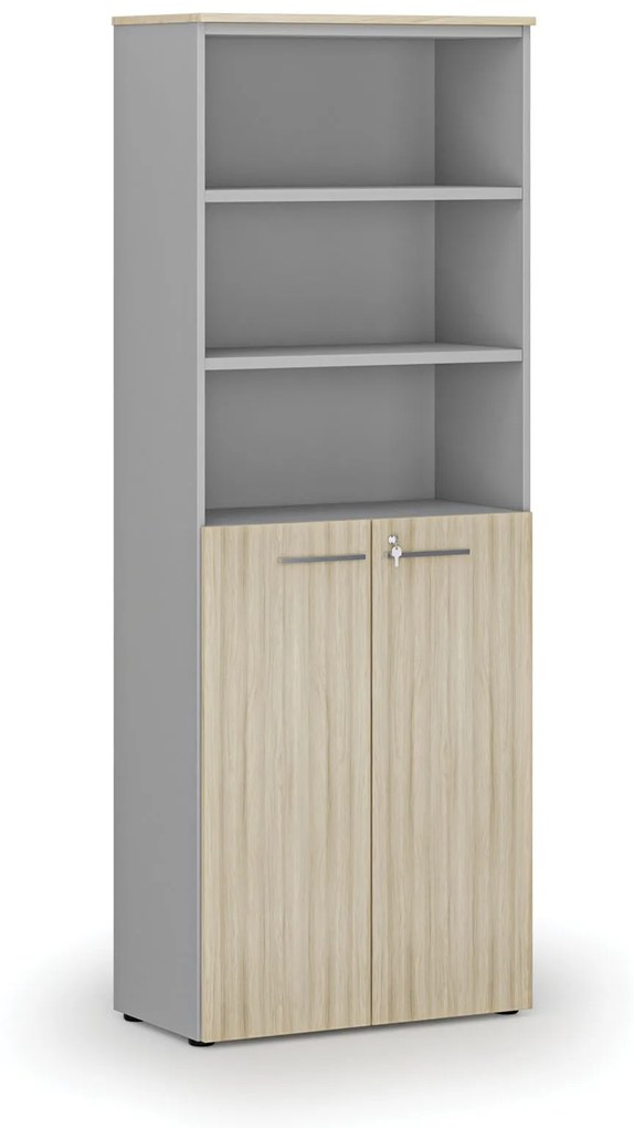 Kombinovaná kancelárska skriňa PRIMO GRAY, dvere na 3 poschodia, 2128 x 800 x 420 mm, sivá/dub prírodný