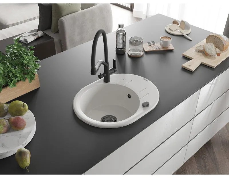 Mexen Kevin, granitový drez 586x458x190 mm, 1-komorový a biela batéria Duo, biela, 6517-20-671701-70-B