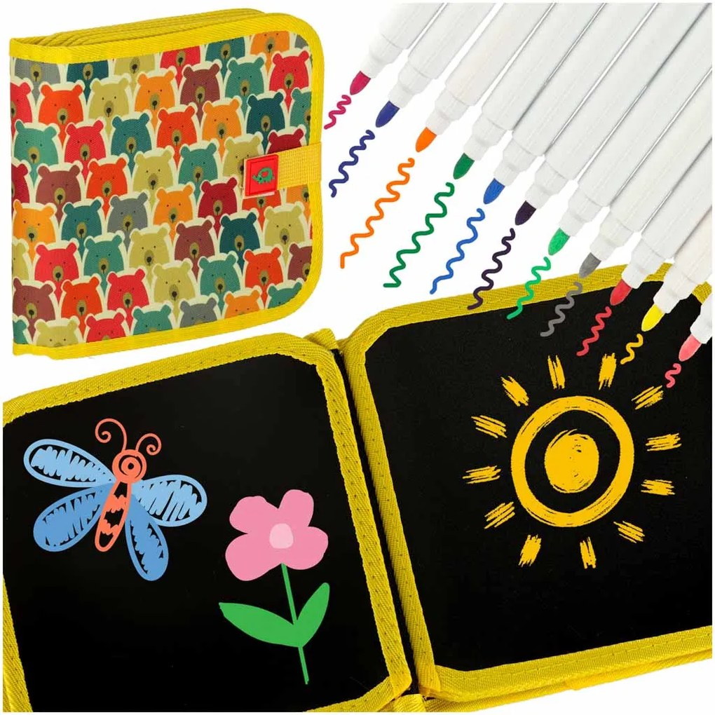 KIK Prenosný kriedový skicár Medvedík – vodotesný, umývateľné kriedové fixky, 14 strán