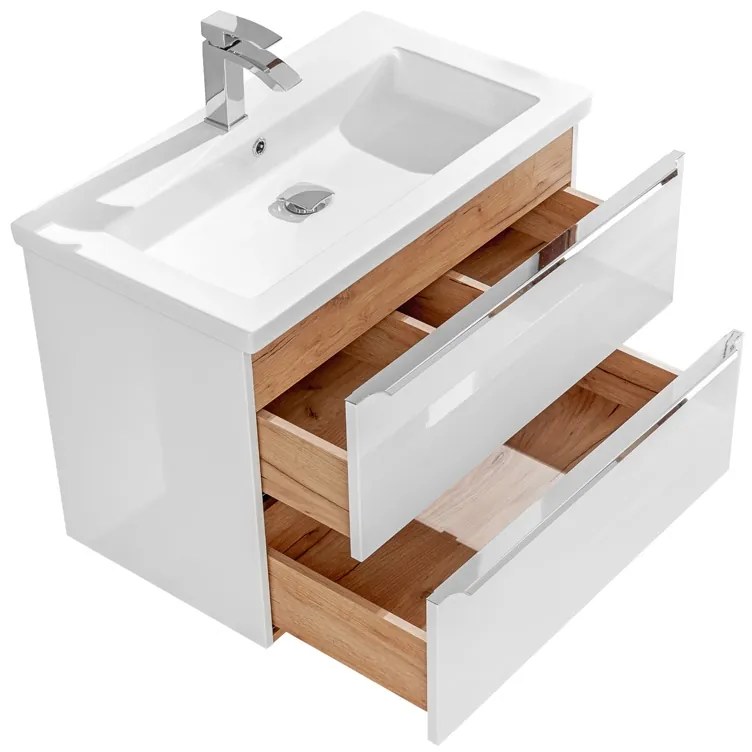 Komplet nábytku do kúpeľne s umývadlom Capri Biely lesk/Dub zlatý - 80 cm