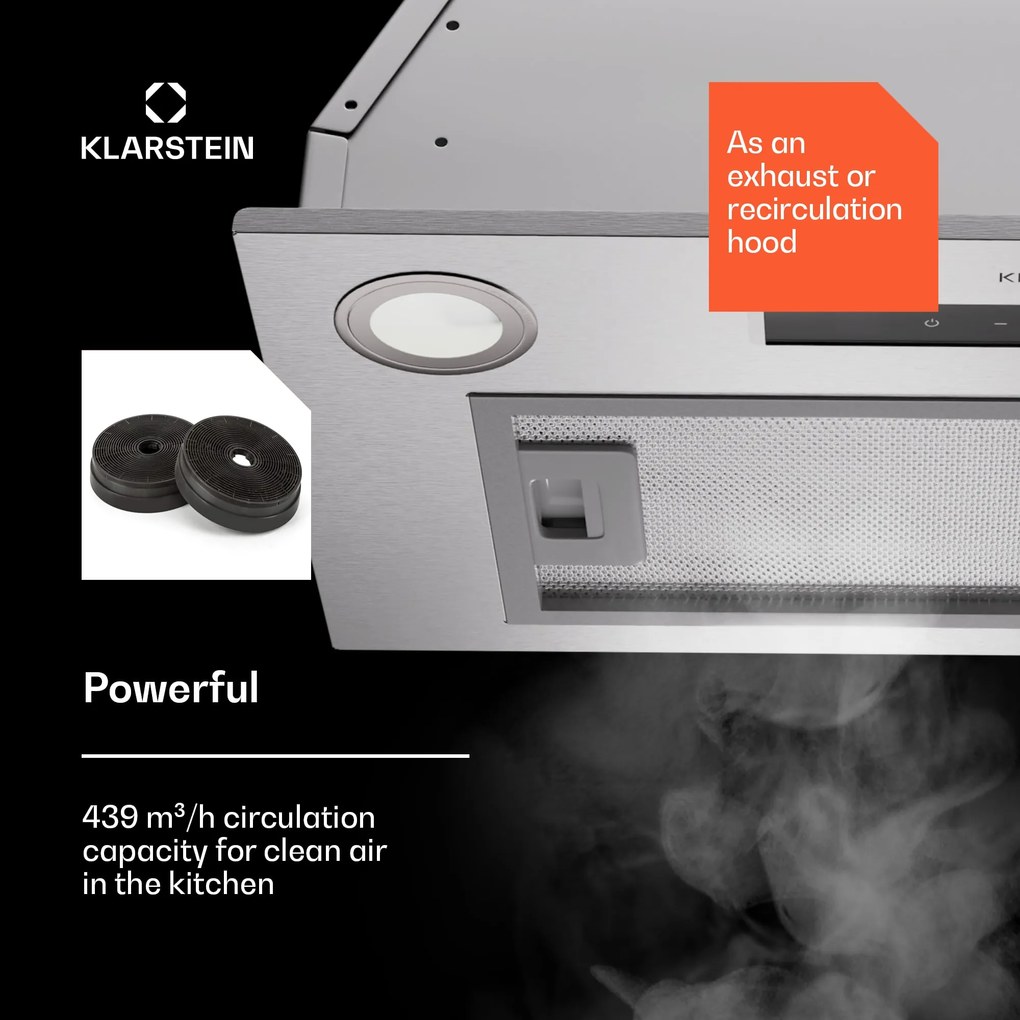 Klarstein Paolo 52, podskrinkový digestor 52 cm 439 m³/h LED Touch A++