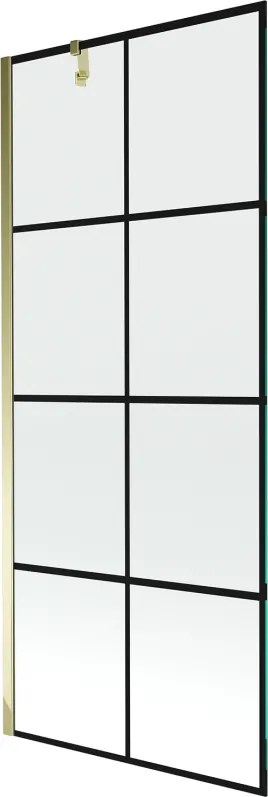 Mexen Next, vaňová zástena 1-krídlová 80 x 150 cm, fixné krídlo, 6 mm číre sklo s čiernym vzorom, zlatý profil, 895-080-000-00-77-50