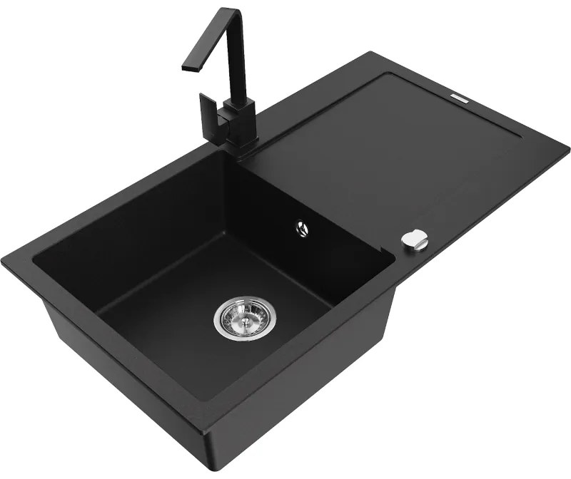 Mexen Leo, drez granitový 900x500x190 mm, 1-komorový, čierna s chrómovým sifónom a čierna drezová batéria Rita, 6501-77-670300-70