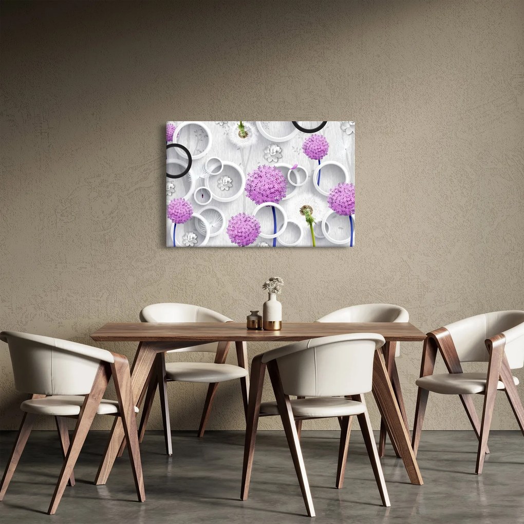Obraz 3D abstrakcie s kruhmi a kvetinami (90x60 cm)