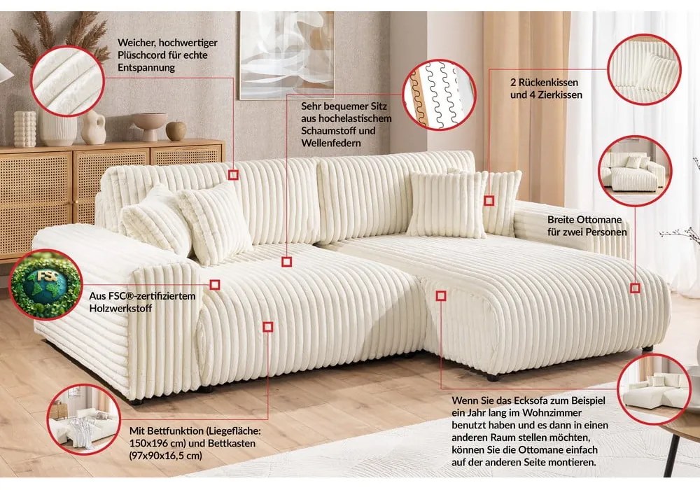 Krémová menčestrová rozkladacia/s úložným priestorom rohová pohovka (pravý roh) Sarina – Ropez