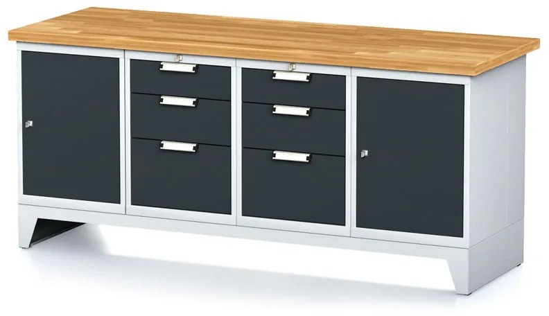 Alfa 3 Dielenský stôl MECHANIC I, 2 skrinky a 2x 3 zásuvkový box na náradie, 6 zásuviek, 2000x685x880 mm, antracitové dvere