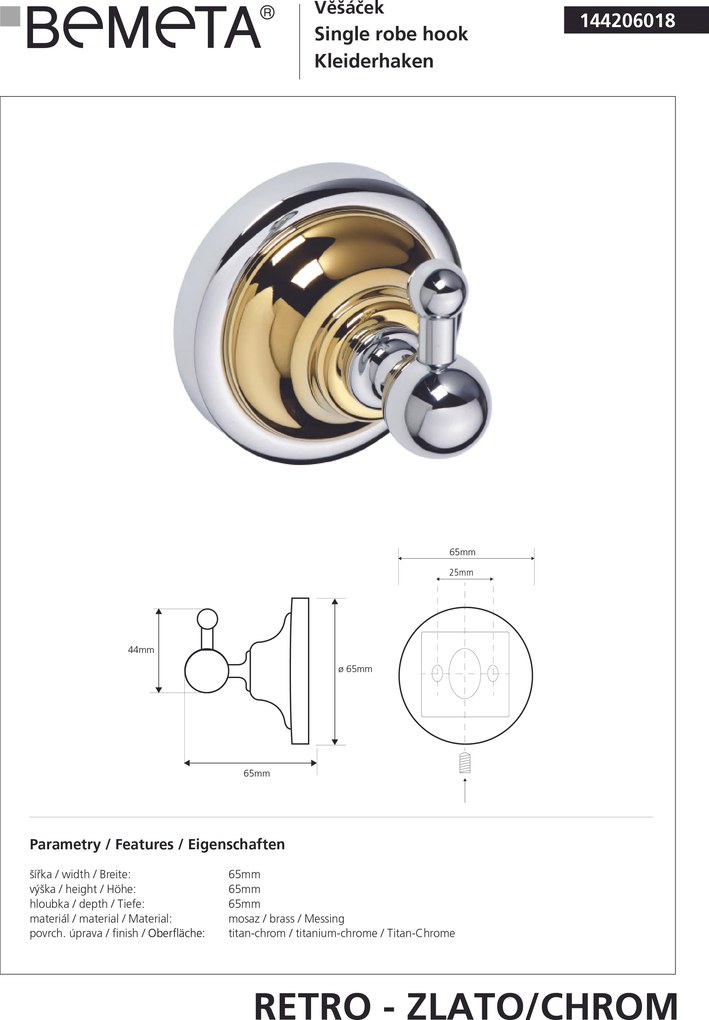 Bemeta Design RETRO gold-chrom: Háčik - 144206018