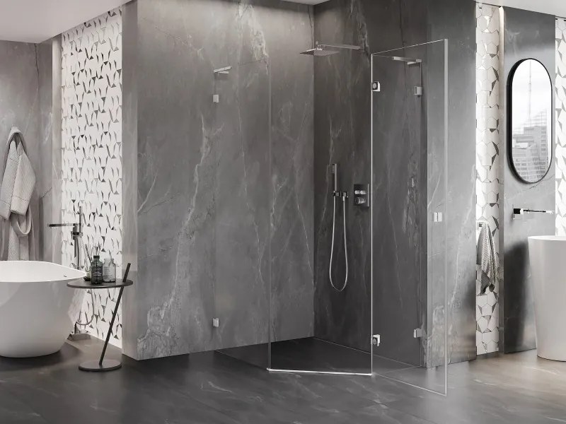 Mexen Lunar, L pravý výklopný päťuholníkový sprchový kút 80 x 90 cm, 8mm číre sklo, chrómový profil, 831L-080P-090L-01-00-P