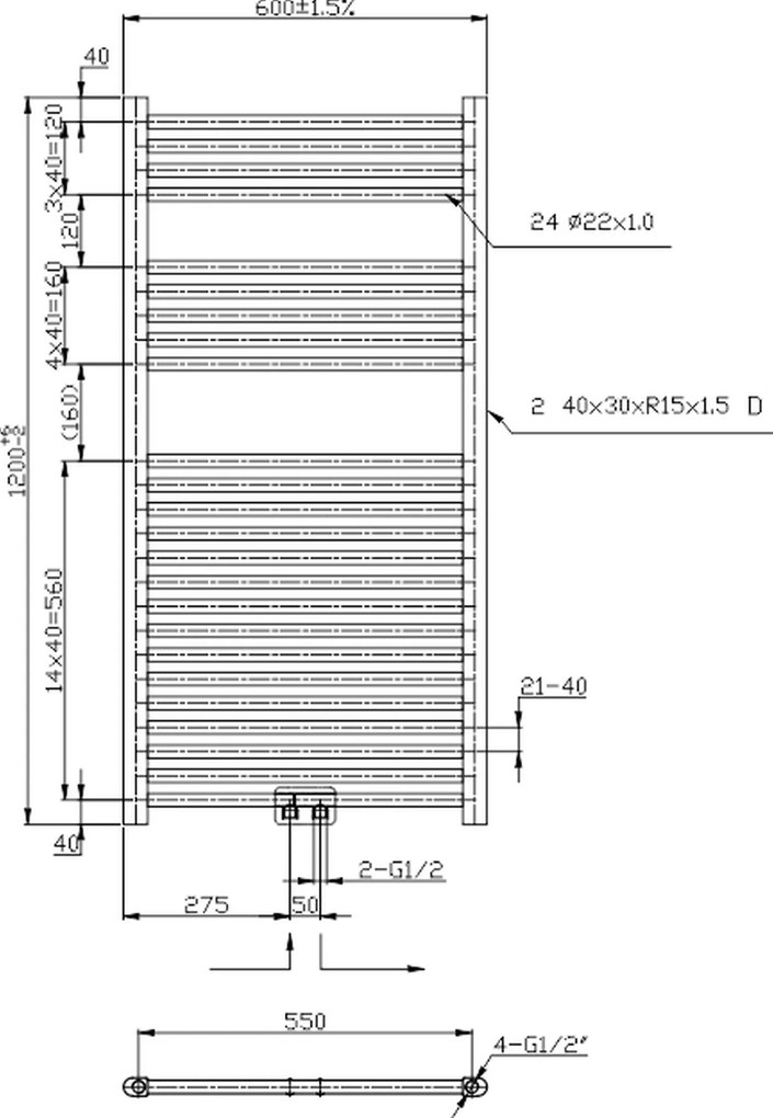 NOVASERVIS Kúpeľňový radiátor 600 x 1200 mm rovný - chróm, stred. pripojenie 600/1200/RS,0