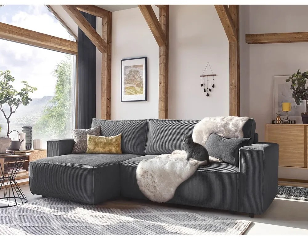 Tmavosivá menčestrová rozkladacia rohová variabilná pohovka Nihad – Bobochic Paris