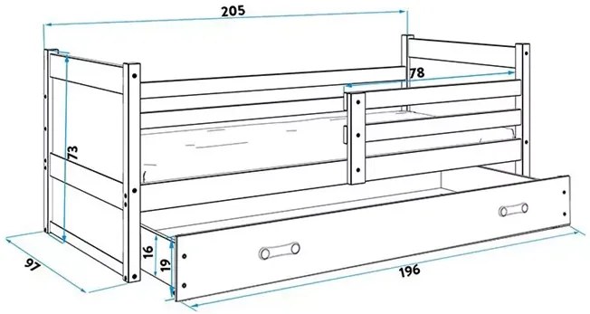 Detská posteľ RICO so zásuvkou, viac farieb, Rozmer 90x200 cm