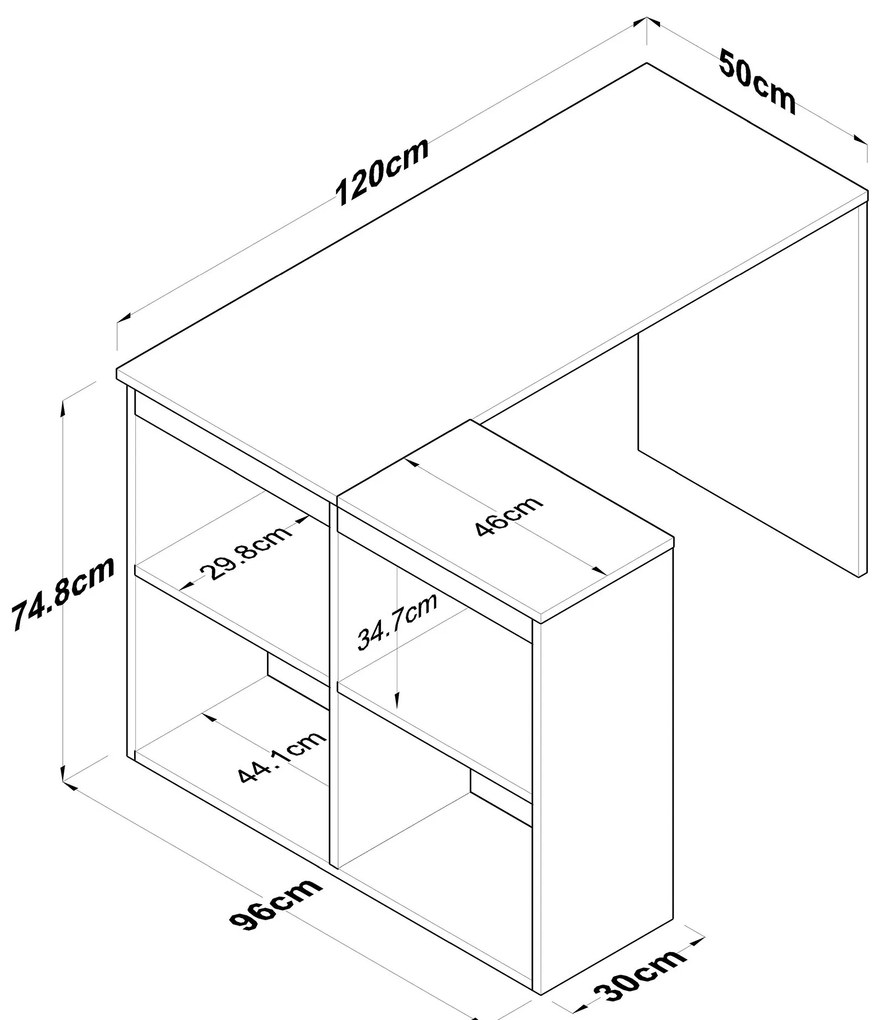 Rohový psací stůl Mario 120 cm s úložným regálem dub přírodní/bílý