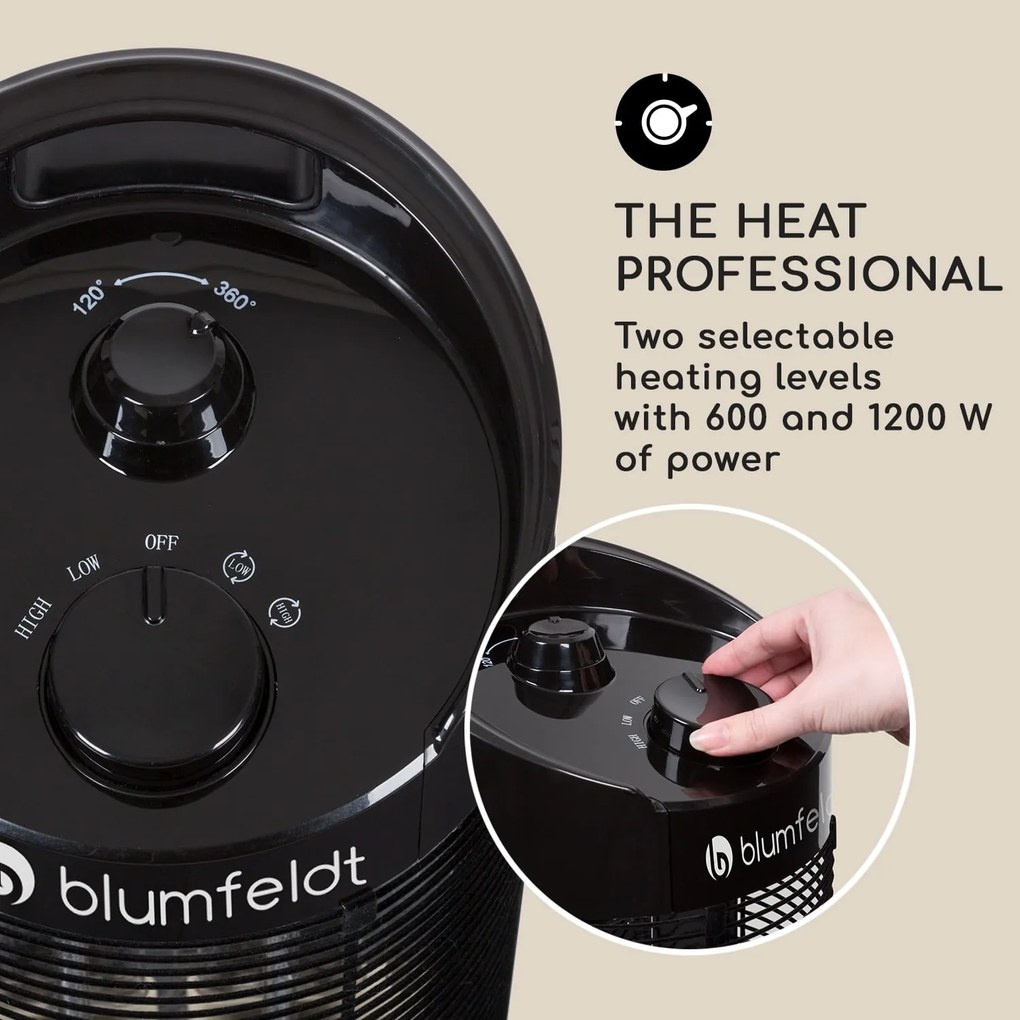 Blumfeldt Heat Guru 360, stojanový ohrievač, 1200/600 W, 2 stupne ohrevu, IPX4, čierny