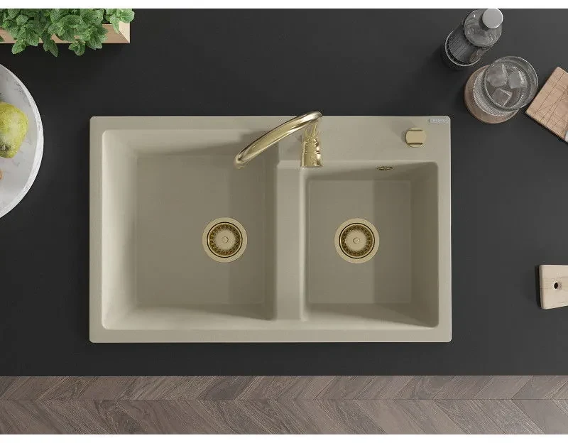 Mexen Tomas, granitový drez 800x500x190 mm, 2-komorový, béžová so zlatým sifónom, 6516802000-69-G