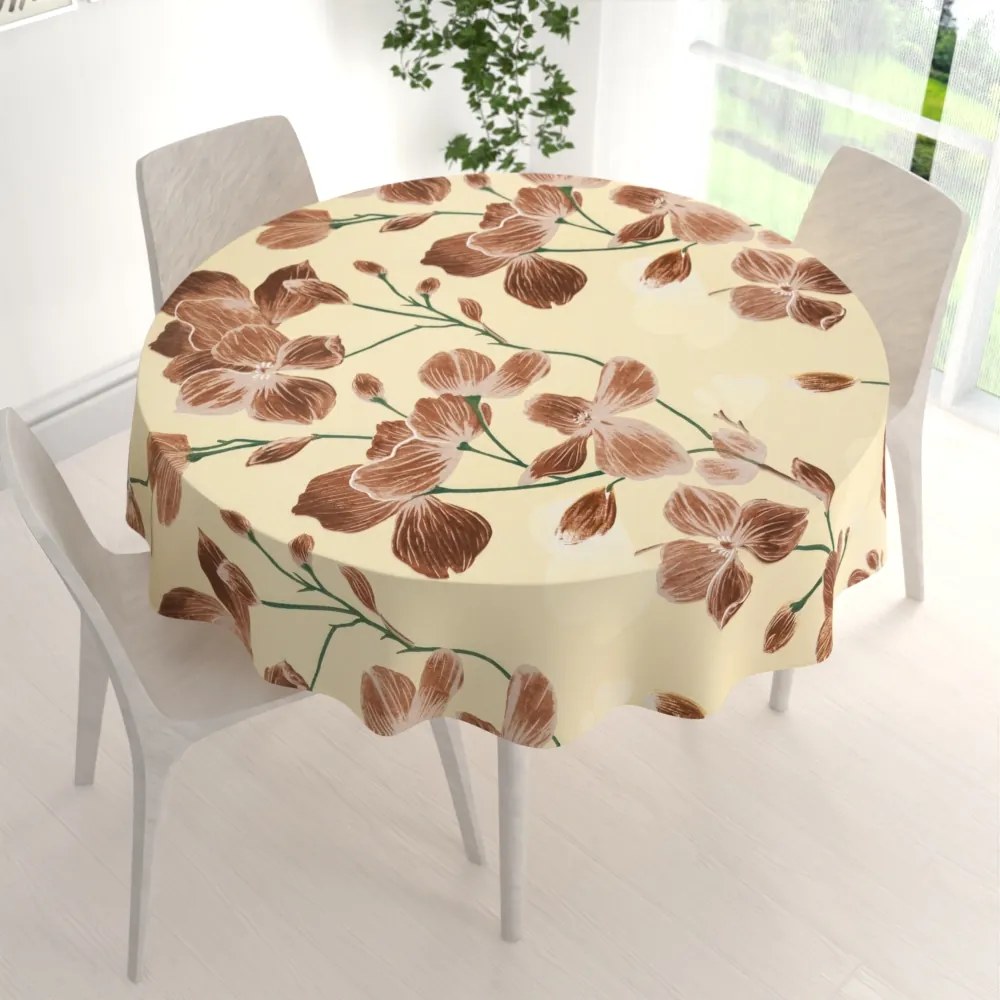 Biante Bavlnený okrúhly obrus Sandra SA-536 Hnedé orchidey na vanilkovo žltom Ø 50 cm