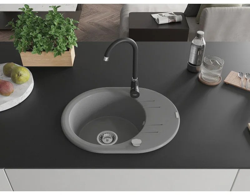 Mexen Kevin, drez granitový 586x458x190 mm, 1-komorový a čierna matná batéria Telma, šedá, 6517-71-670200-70