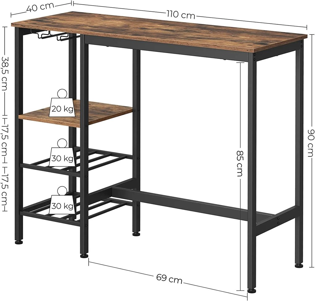 Vasagle Barový stôl Charlotte, Rustikálna Hnedá, Čierna
