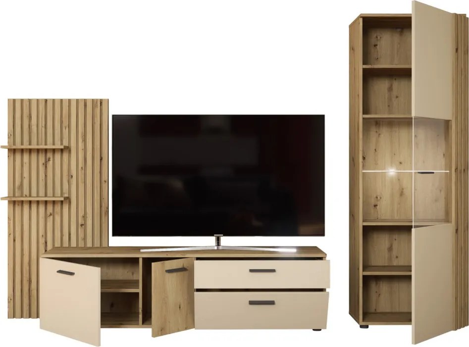 Obývacia stena Gatwick, dub artisan/kašmírová béžová, s osvetlením