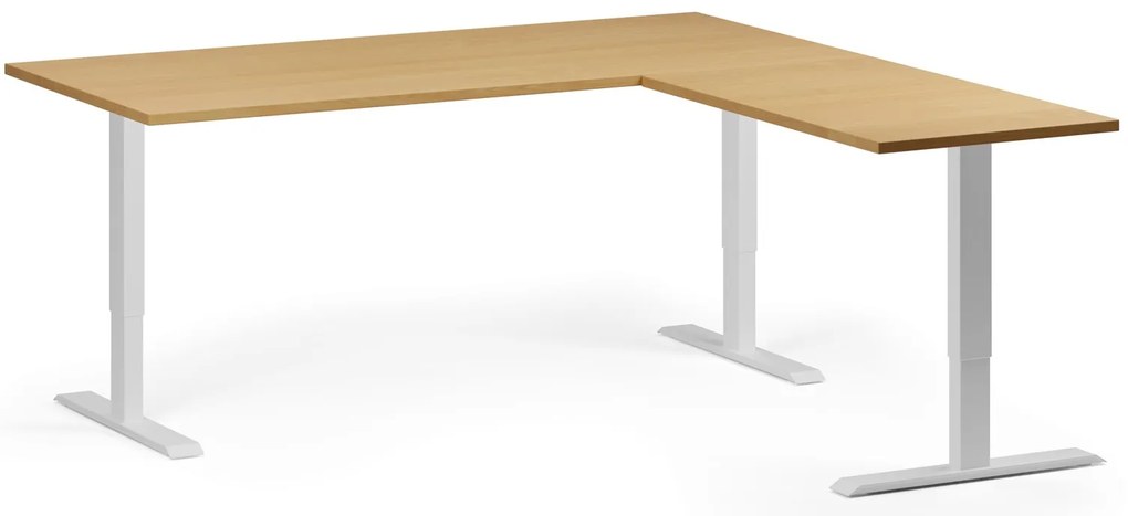 Výškovo nastaviteľný stôl, 180x180 cm, 3 motory, L/P, biela podnož, buk