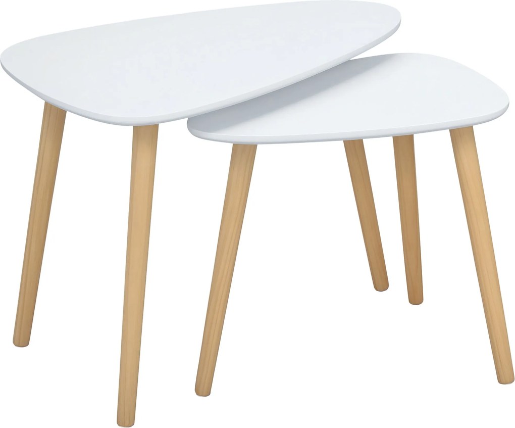HOMCOM Set 2 bočných stolíkov s drevenými nohami, stohovateľné kávové stolíky do obývačky, spálne a kancelárie 59,5x39,5x45 cm a 44,5x28,5x40 cm Biele