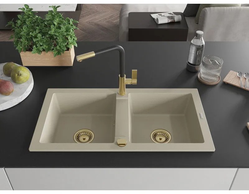 Mexen Mario, 2-komorový granitový drez 820x436x161 mm a drezová batéria Flora, béžová, 6504-69-670401-57-G