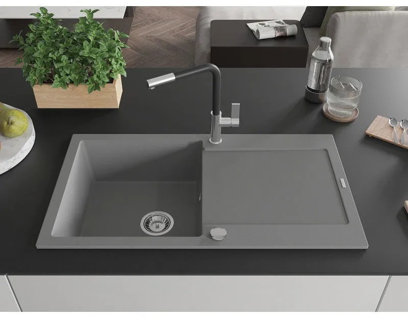 Mexen Leo, 1-komorový granitový drez 900x500x190 mm a drezová batéria Flora, šedá, 6501-71-670401-07