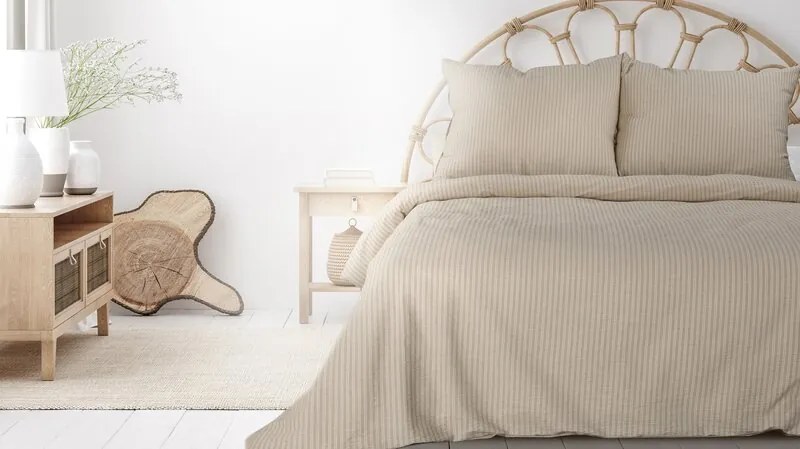 EUROFIRANY Pruhovaná bavlnená posteľná súprava s potlačou 220 cm x 200 cm béžová 80% bavlna 10% polyester 10% lycra