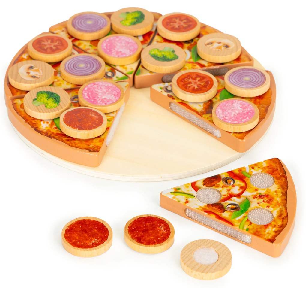 ECOTOYS Drevená pizza na krojenie, 27 dielov (na suchý zips)