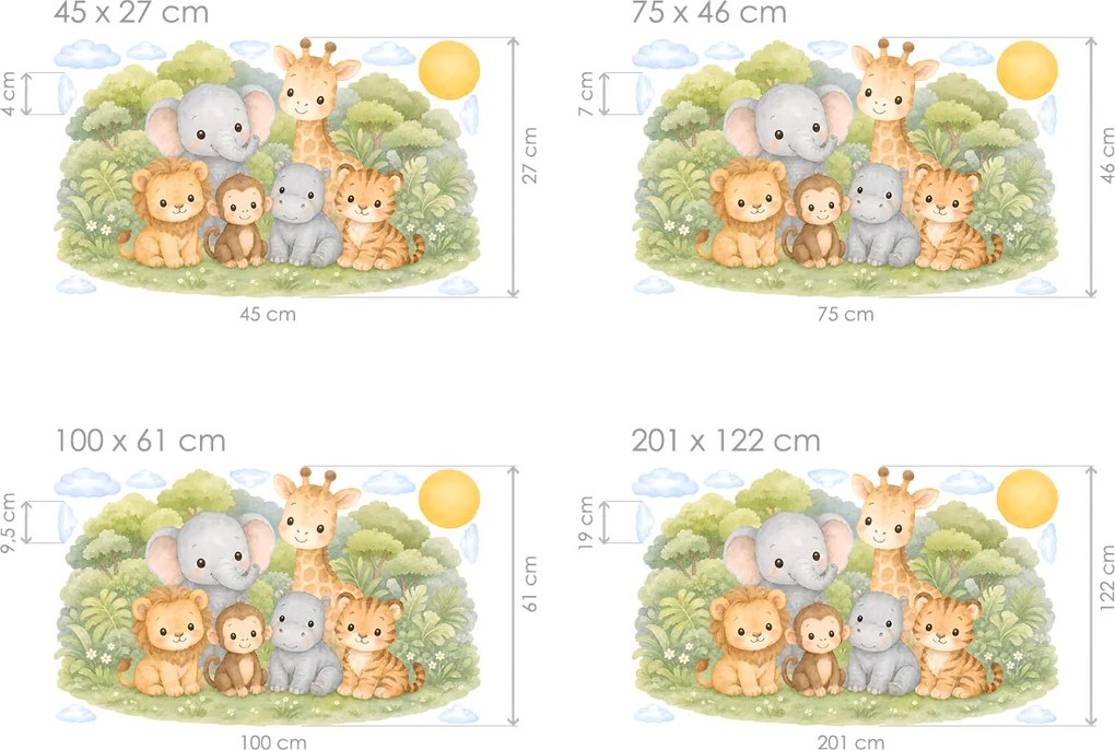 Zvieratká zo safari pri pralese textilní prelepiteľné nálepky na stenu list 45 x 27 cm