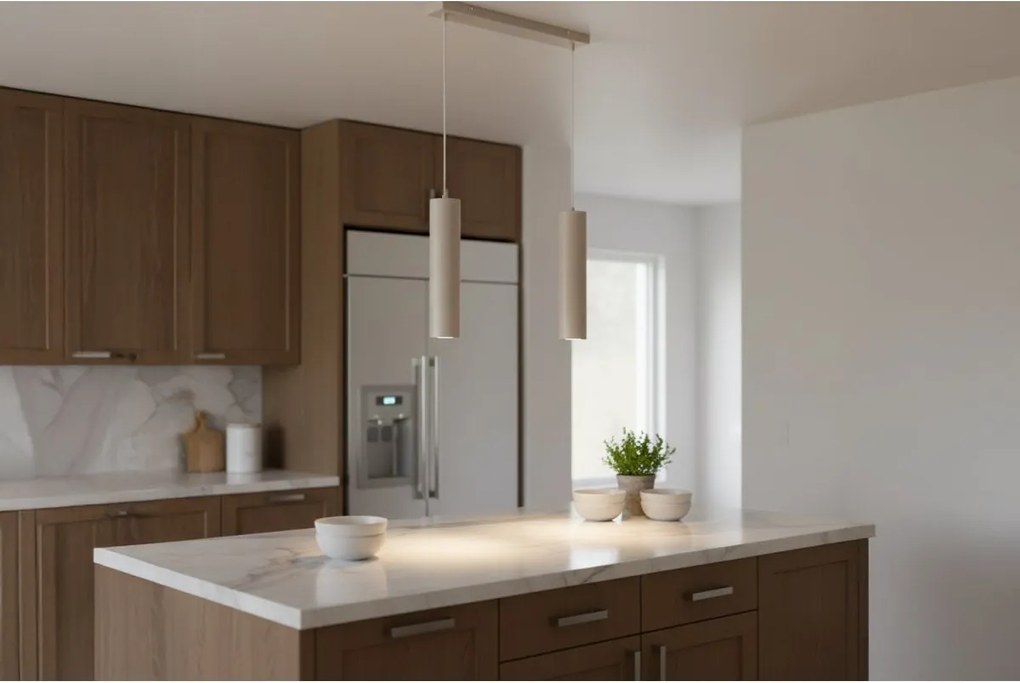 Závesné svietidlo Tuba, 2x béžové kovové tienidlo