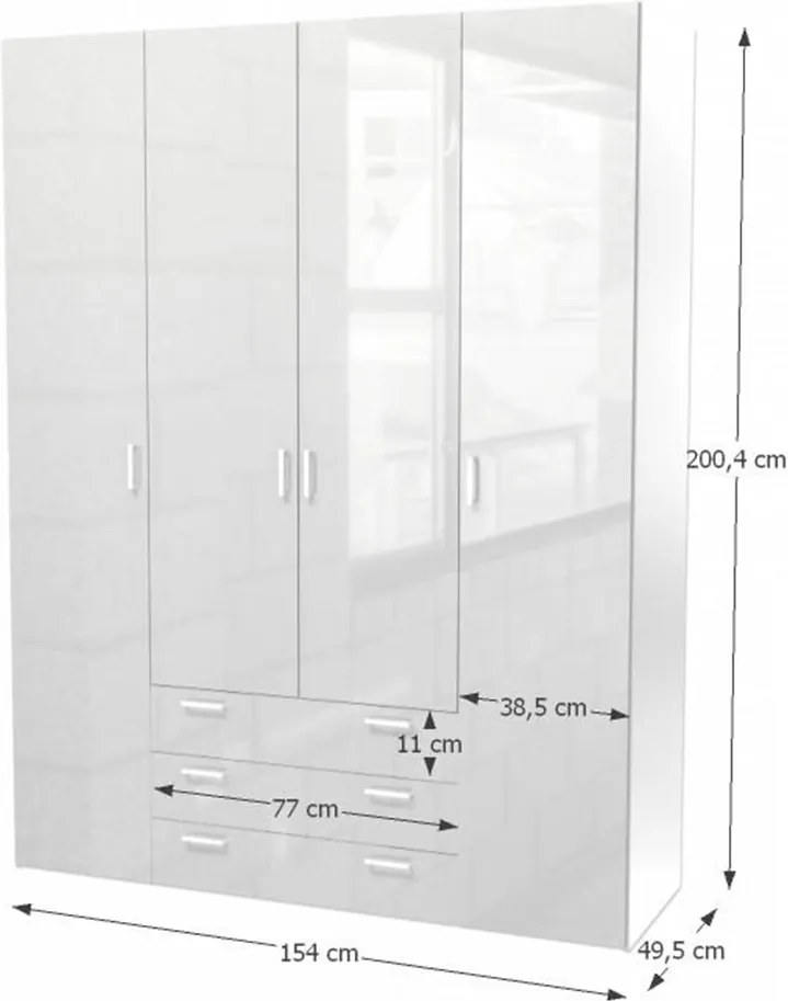Skriňa, 4 - dverová, biela extra vysoký lesk HG, GWEN 70429