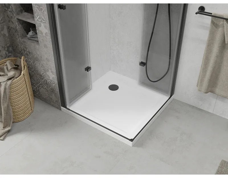 Mexen Lima Duo, sprchovací kút s 2-krídlovými skladacími dverami 80 (dvere) x 80 (dvere) cm, 6mm číre sklo, čierny profil + slim sprchová vanička 5cm biela s čiernym sifónom, 856-080-080-70-02-4010B