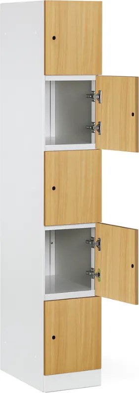 Šatníková skrinka S1 s úložnými boxmi, 5 boxov, 1850 x 300 x 500 mm, cylindrický zámok, laminované dvere, dub prírodný