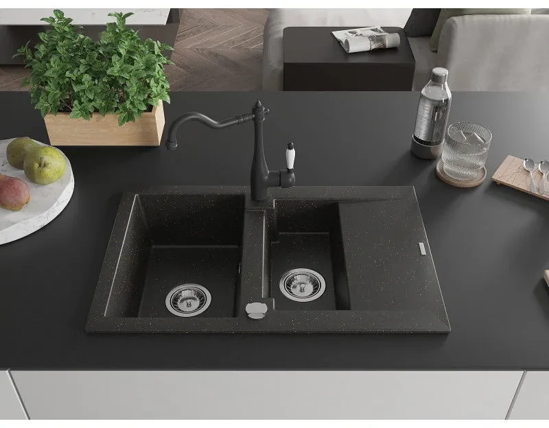 Mexen Gaspar, granitový drez 752x436x161 mm, 1,5-komorový a drezová batéria Carla, čierna-zlatá metalíza, 6507-75-670700-70