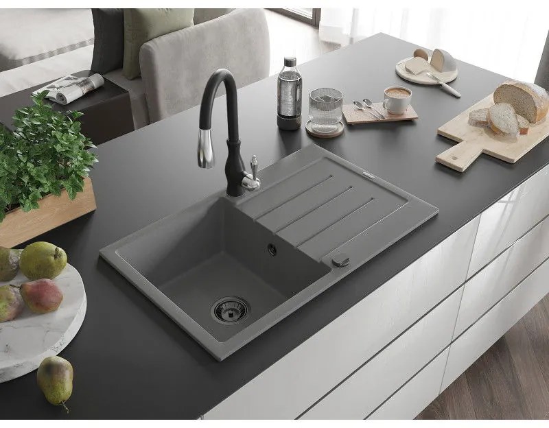 Mexen Bruno, 1-komorový granitový drez 795x495x200 mm a drezová batéria Savita, šedá, 6513-71-672601-70-B