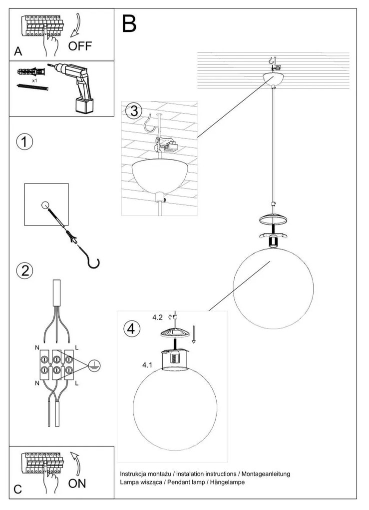 Závesné svietidlo Ugo, 1x biele sklenené tienidlo, (fi 40 cm), ch