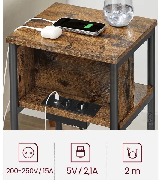 Odkladací stolík s vstavanými zásuvkami a USB portami ROD hnedá/čierna