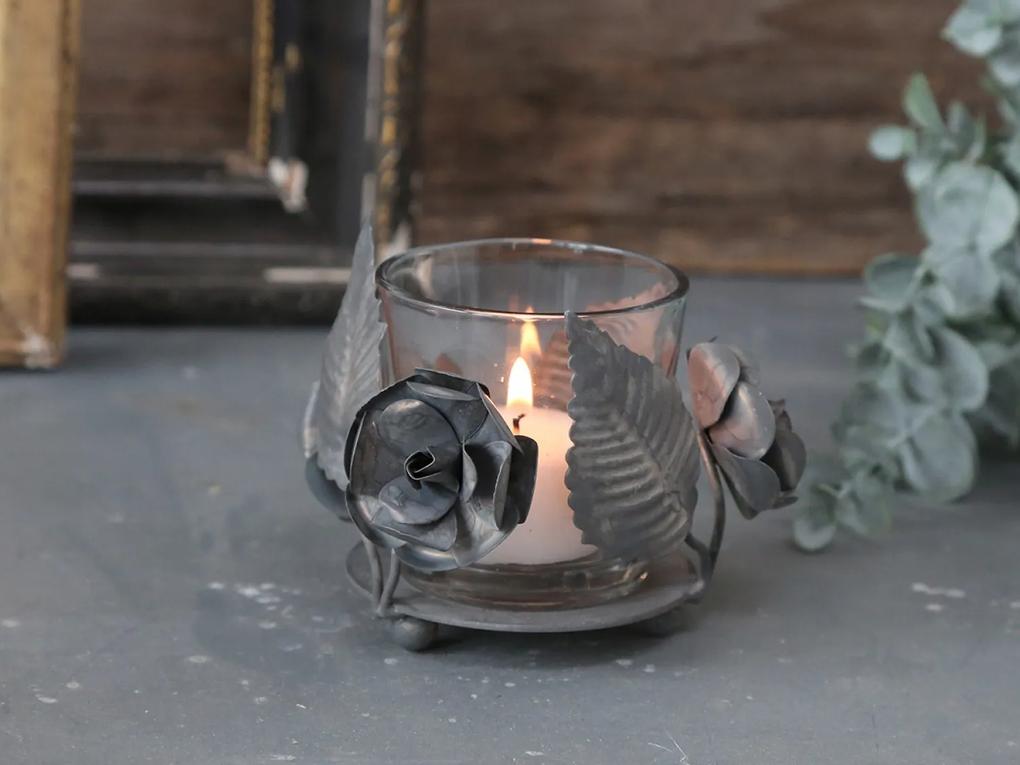 Kovovo - sklenený antik svietnik s kvetmi Flow - Ø 9*7 cm