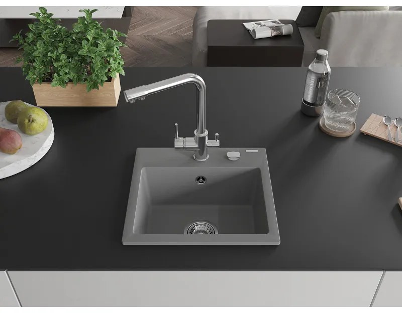 Mexen Milo, granitový drez 435x410x171 mm, 1-komorový a chrómová batéria Duero, šedá, 6505-71-671600-00