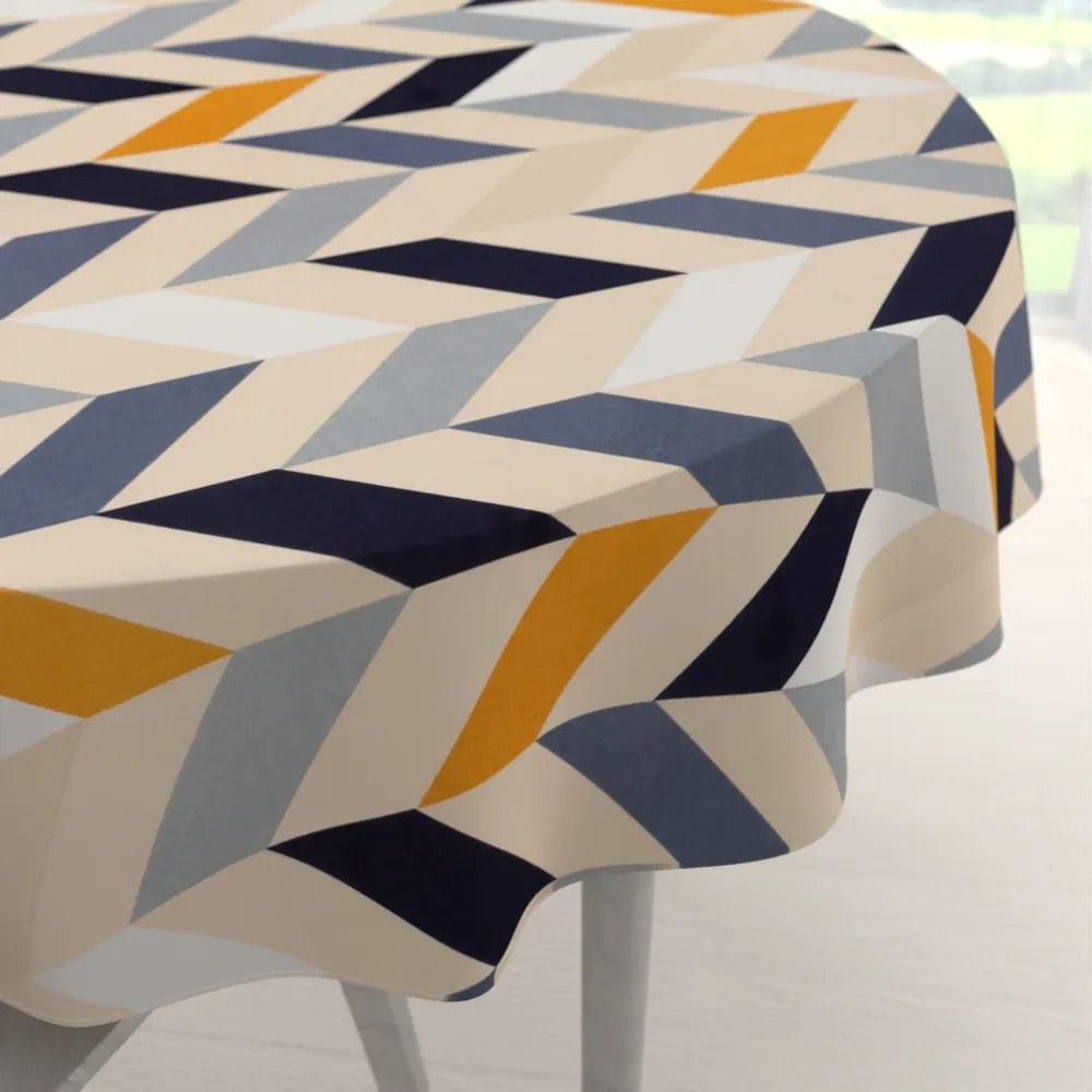 Biante Bavlnený okrúhly obrus Sandra SA-751 Veľké cik-cak modro-žlto-krémové pruhy Ø 80 cm