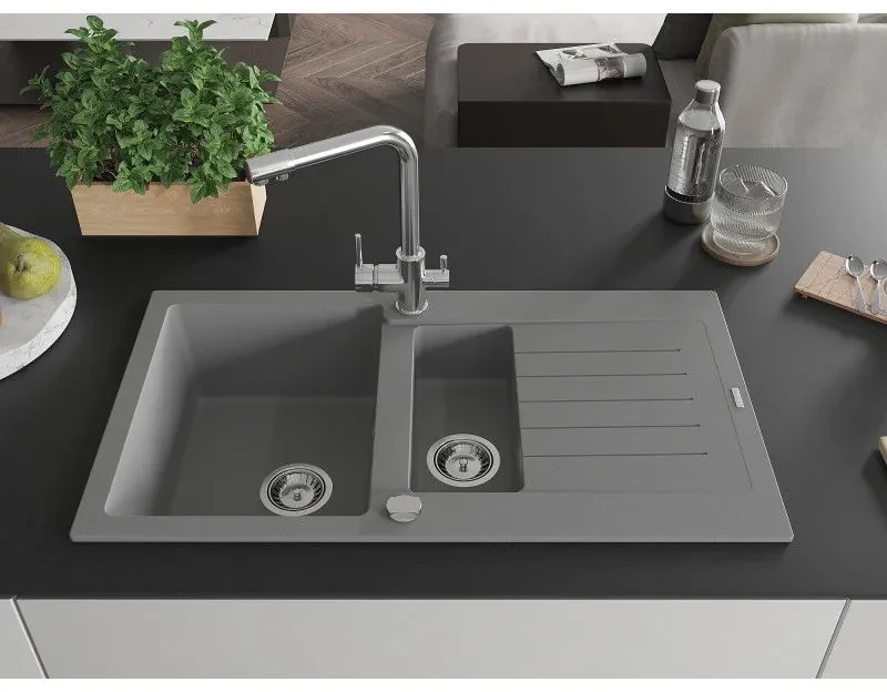 Mexen Matias, granitový drez 900x505x200 mm, 1,5-komorový a chrómová batéria Duero, šedá, 6502-71-671600-00
