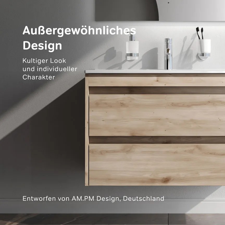 Skrinka s umývadlom 80 AM.PM Spike MPA-FHX0802HF-WCC0802WG závesná, 2 zásuvky, svetlý dub