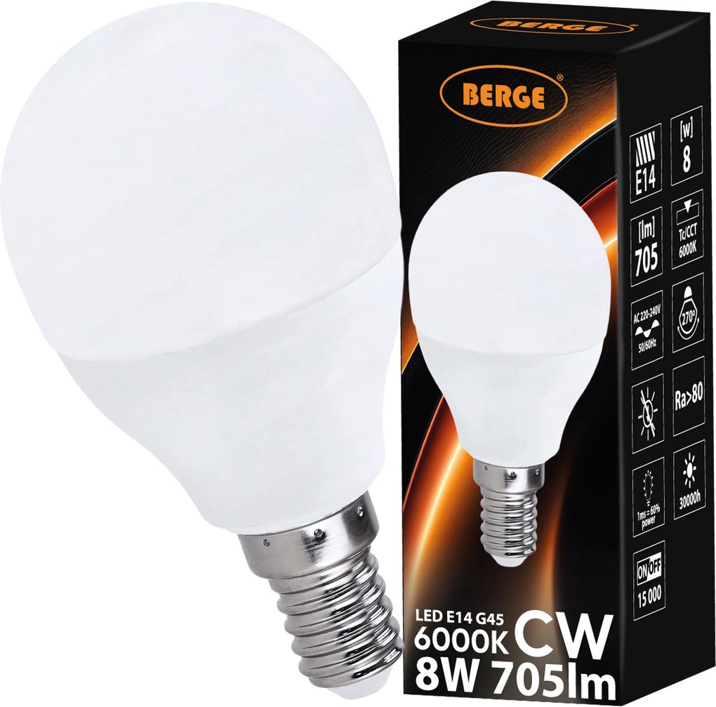 SADA 6x LED žiarovka G45 E14 8W 705lm - studená biela