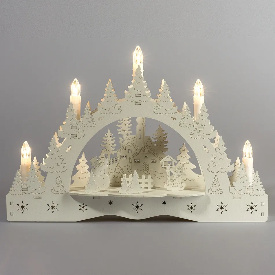 Vianočný LED svietnik Zimná krajina, kostol a kŕmidlo, 35 x 23 x 7,5 cm